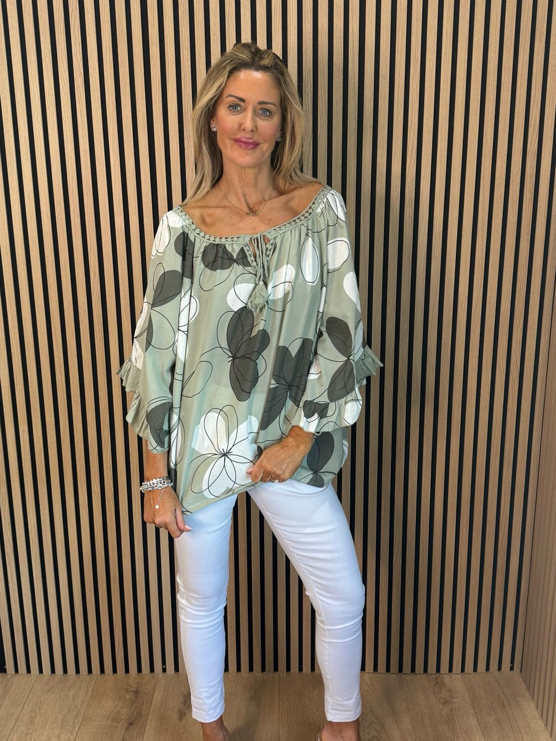 Floral Tie Neck Blouse - Khaki