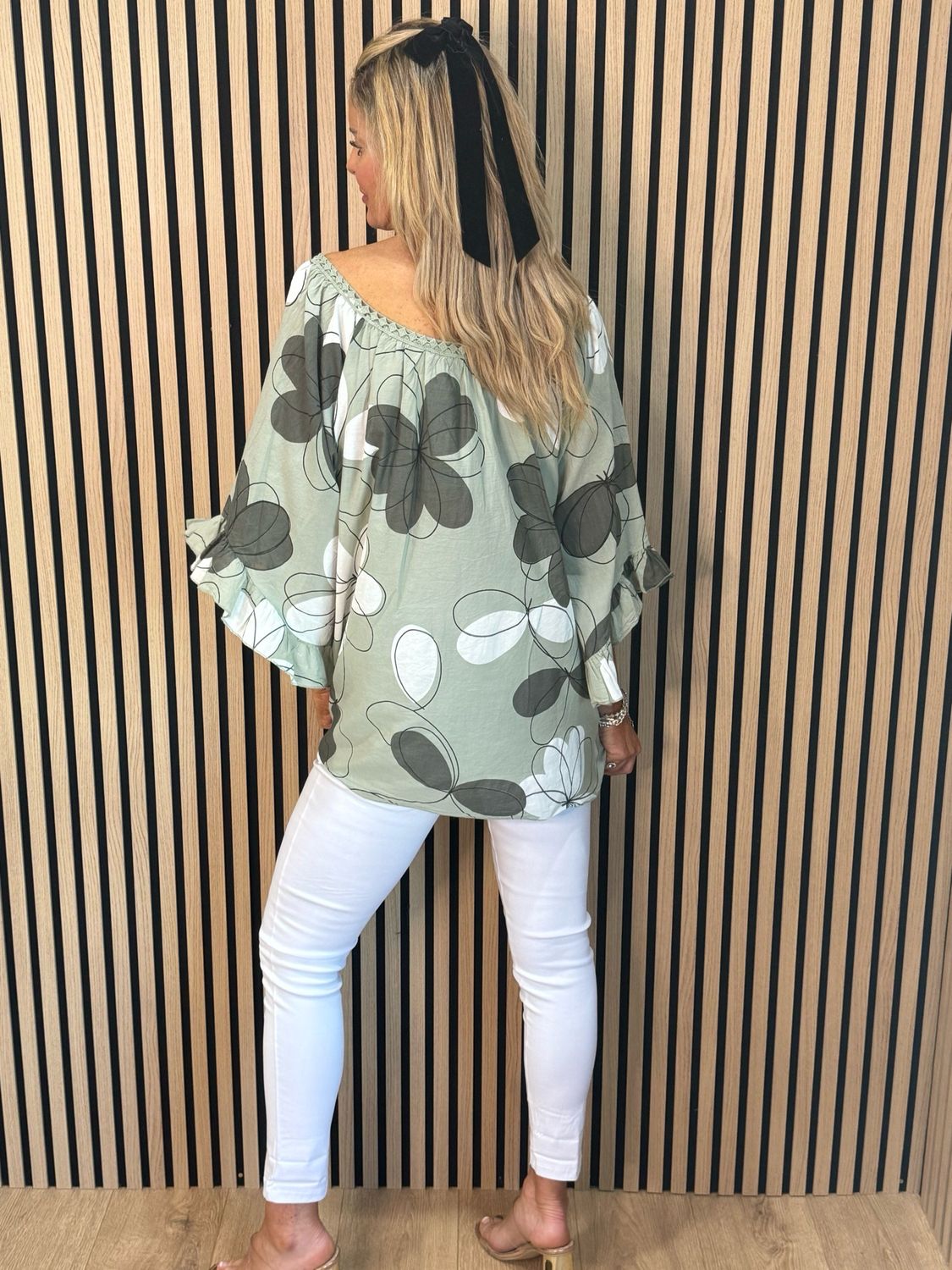 Floral Tie Neck Blouse - Khaki