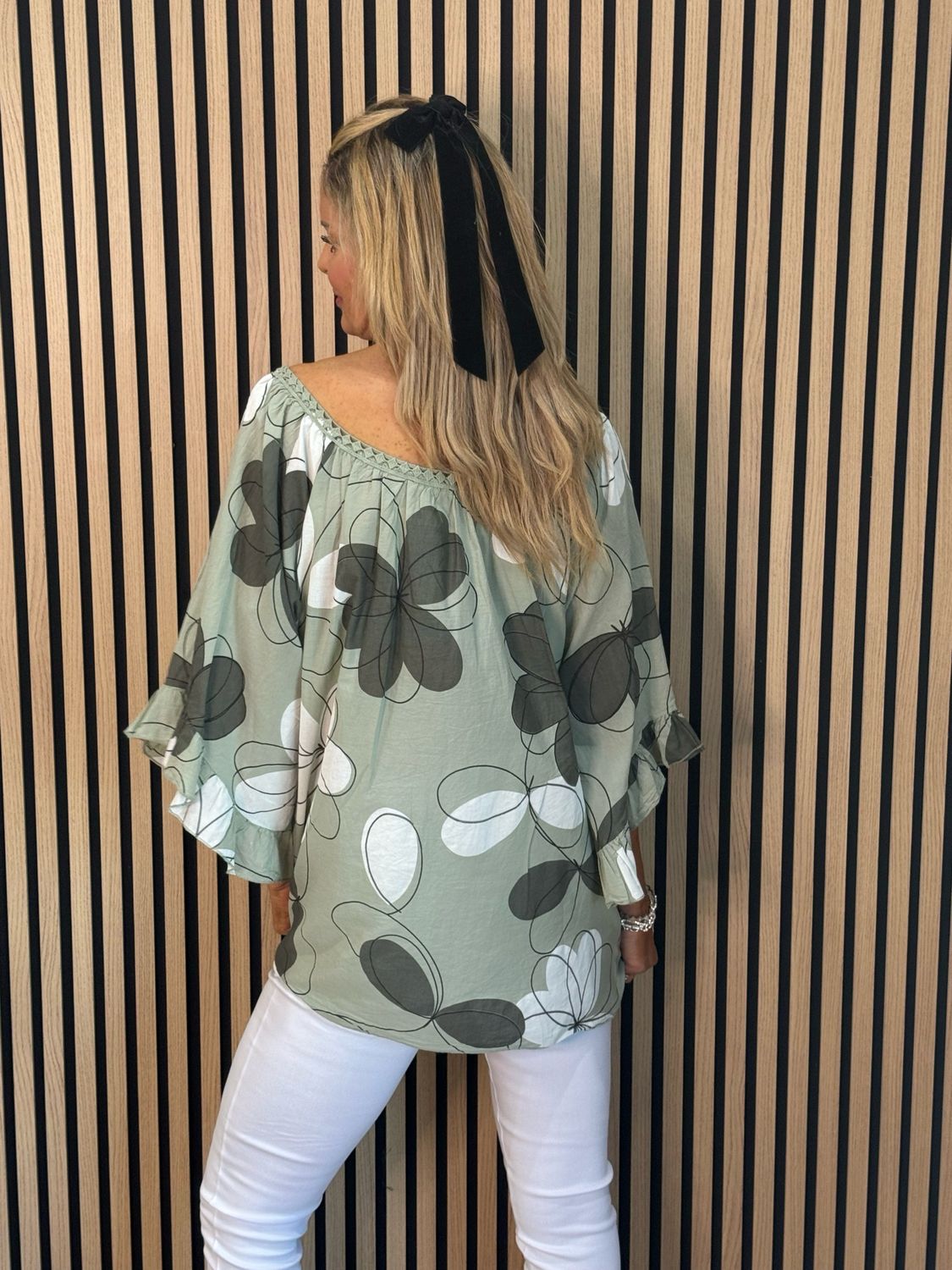 Floral Tie Neck Blouse - Khaki