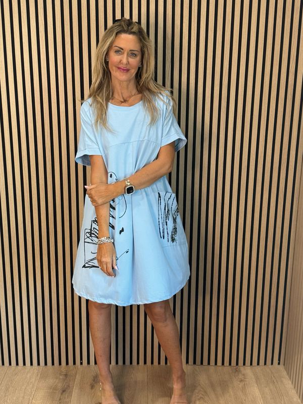 Abstract Pocket T Shirt Dress - Baby Blue