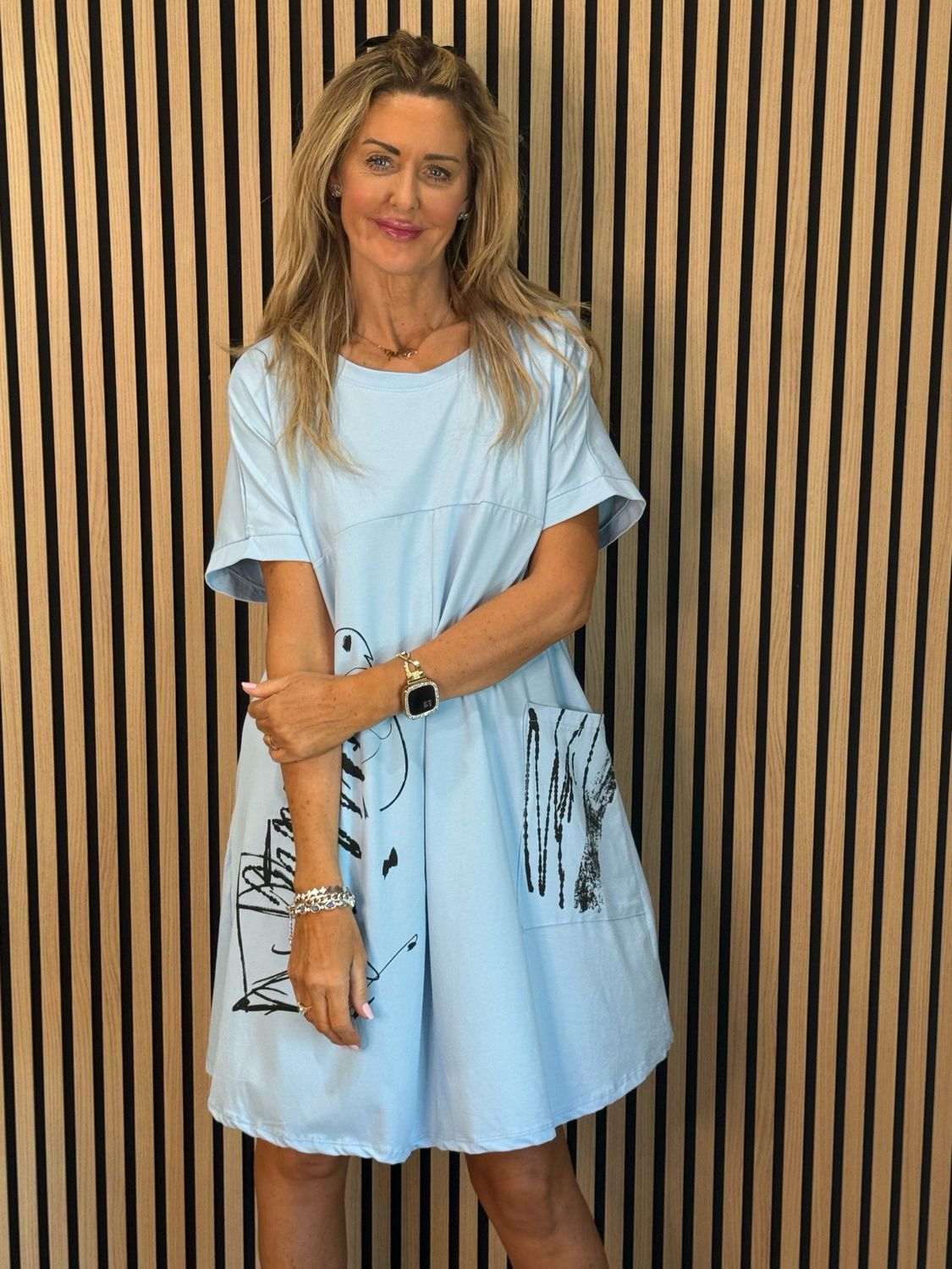 Abstract Pocket T Shirt Dress - Baby Blue