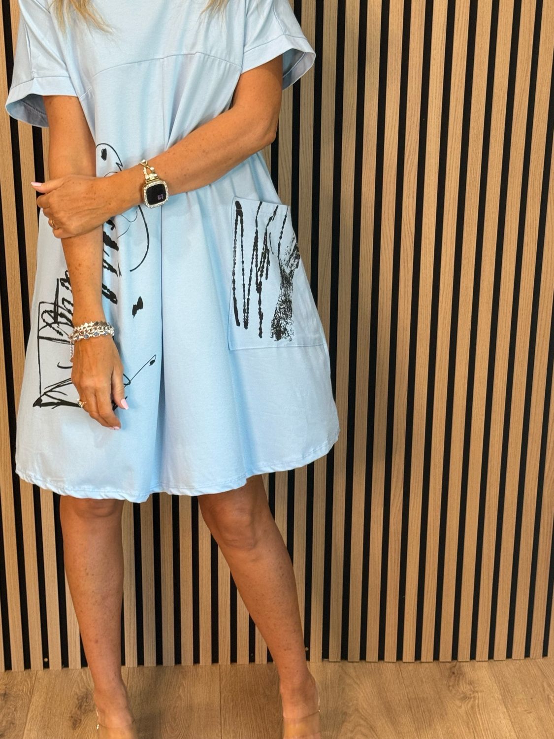Abstract Pocket T Shirt Dress - Baby Blue