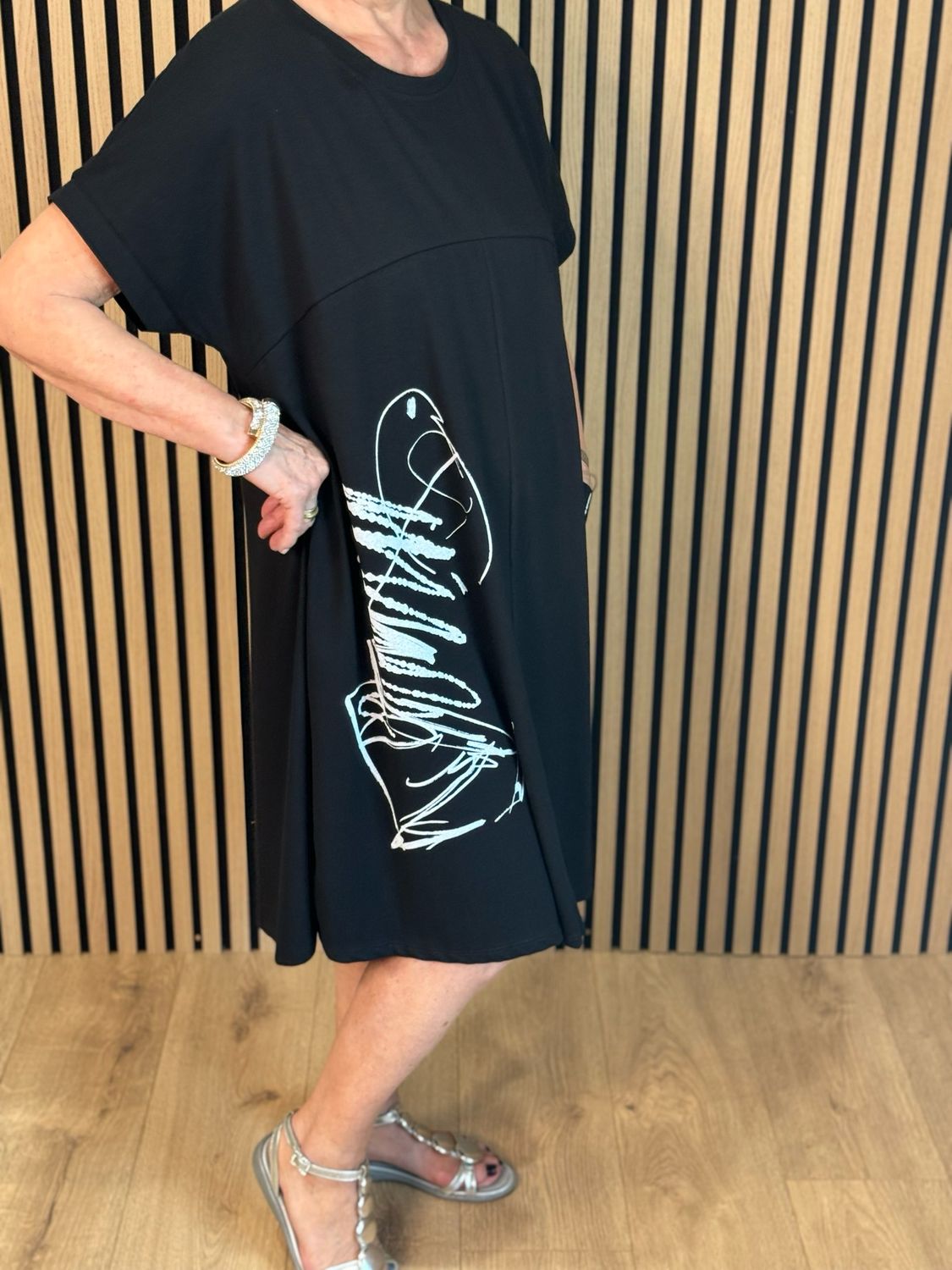 Abstract Pocket T Shirt Dress - Black
