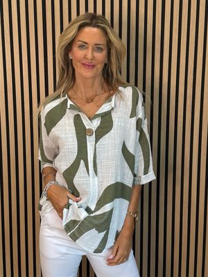 Abstract Button Detail Cotton Top - Khaki