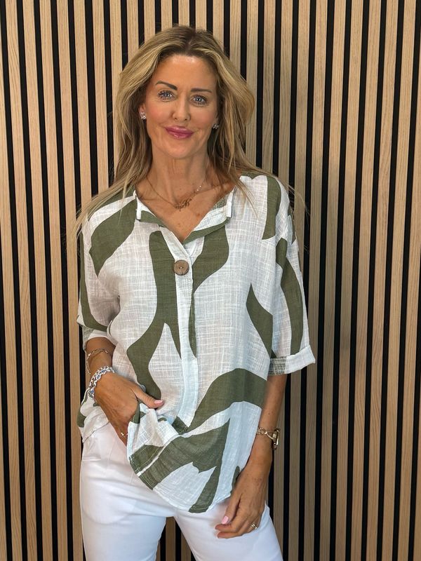 Abstract Button Detail Cotton Top - Khaki