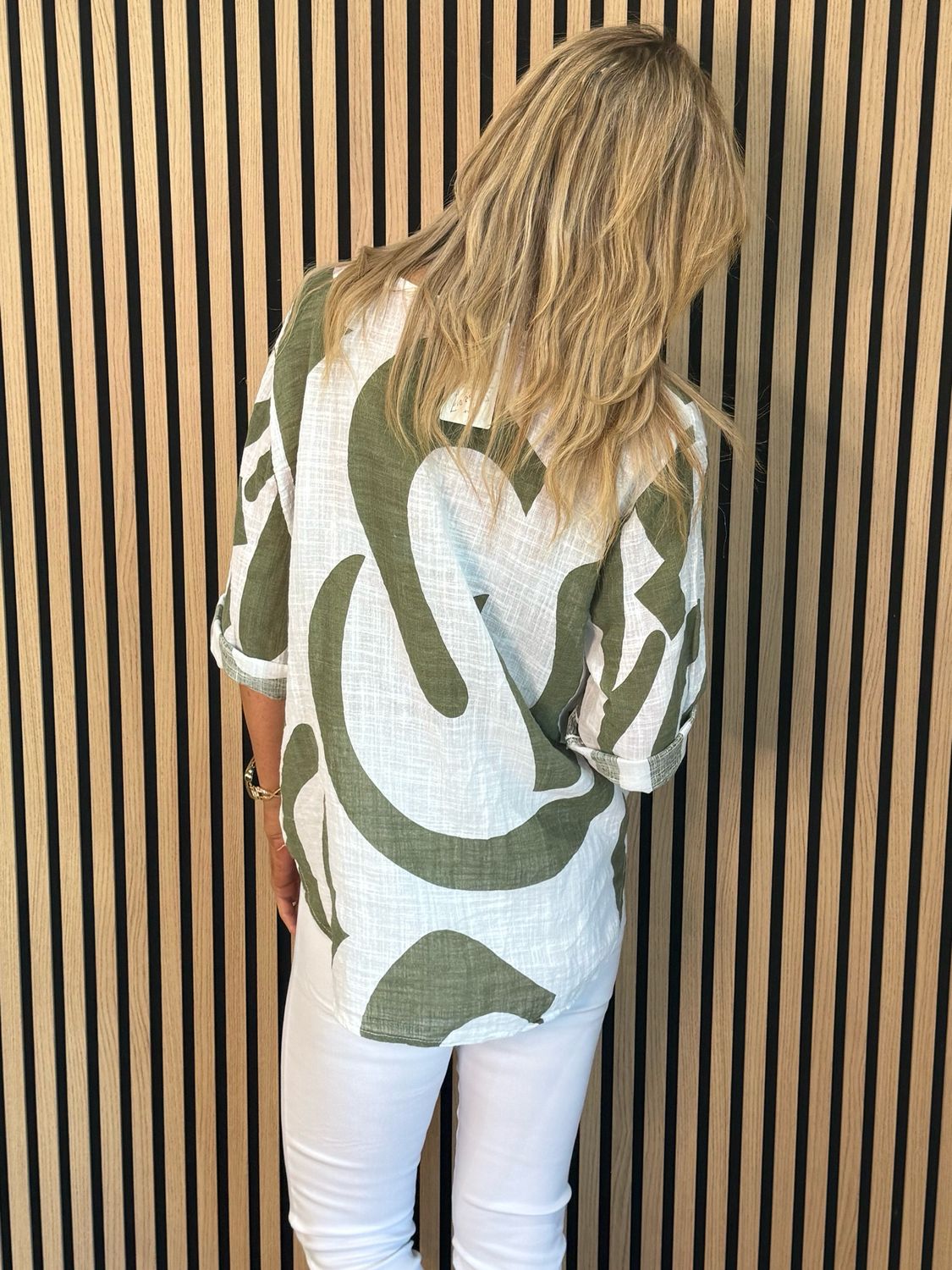 Abstract Button Detail Cotton Top - Khaki