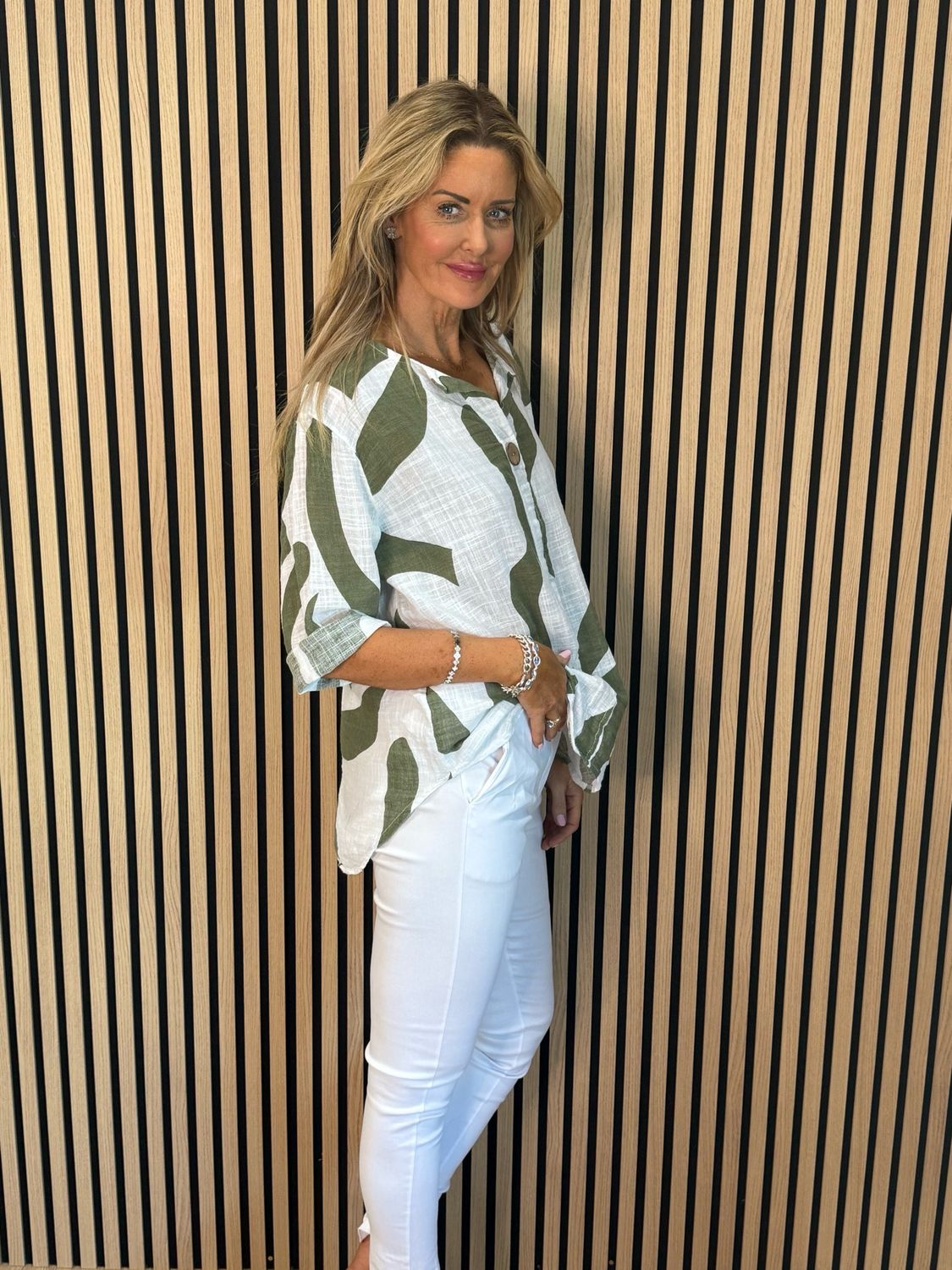 Abstract Button Detail Cotton Top - Khaki