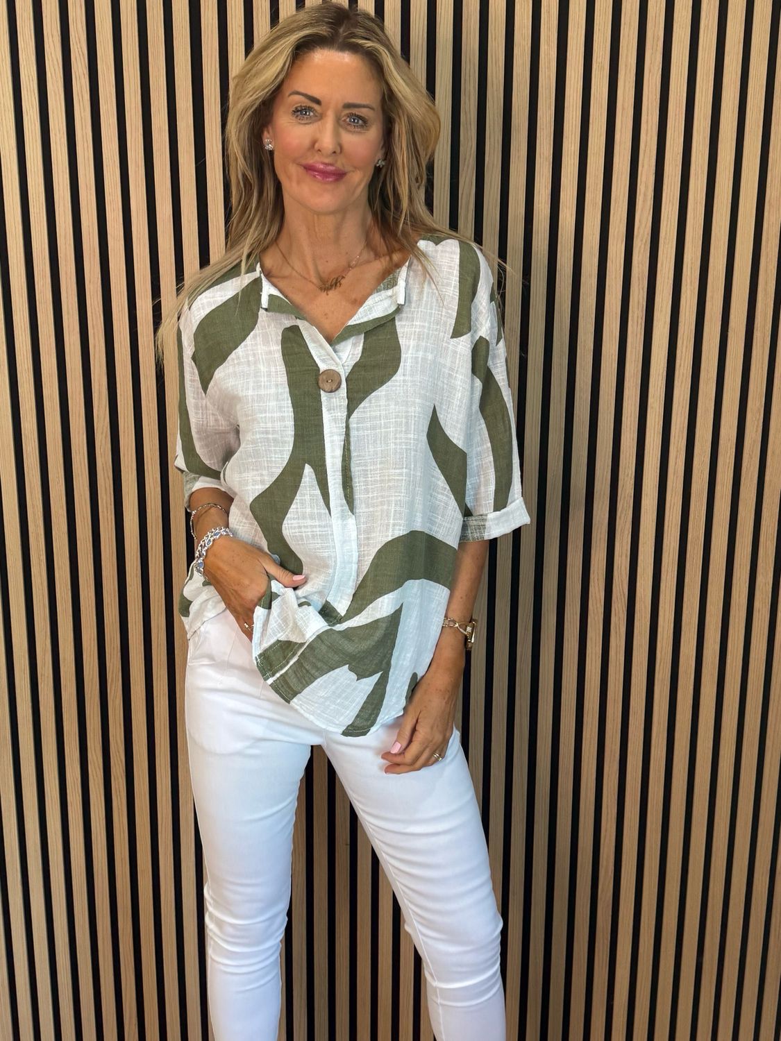 Abstract Button Detail Cotton Top - Khaki