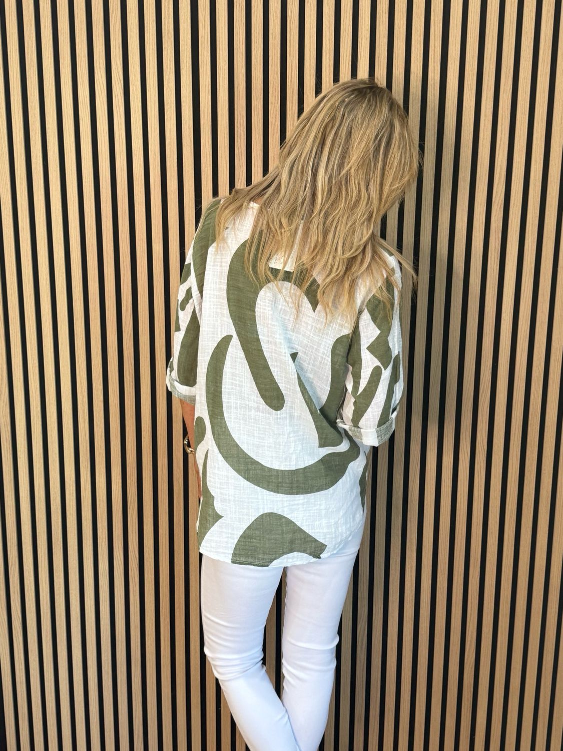 Abstract Button Detail Cotton Top - Khaki