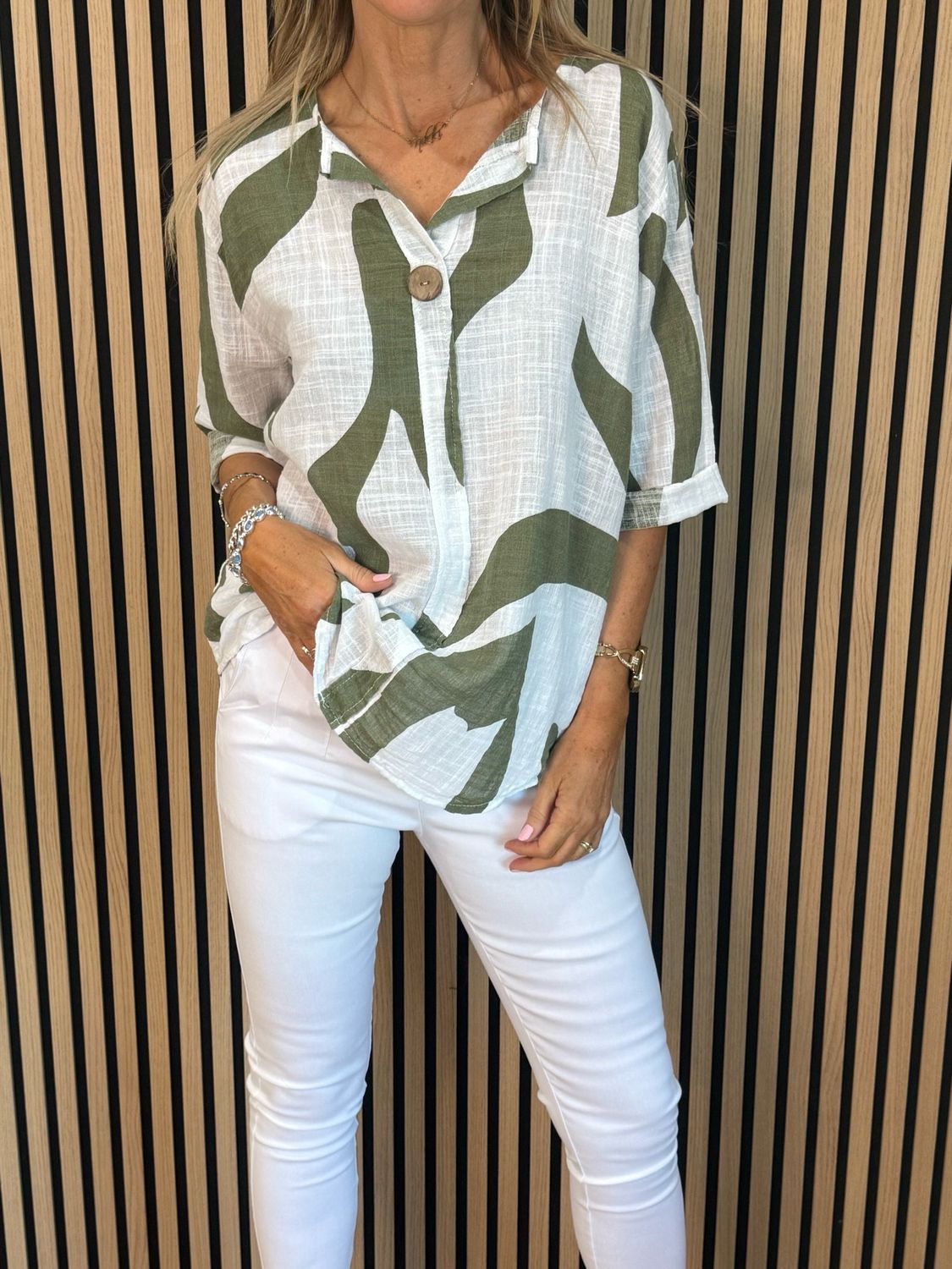 Abstract Button Detail Cotton Top - Khaki