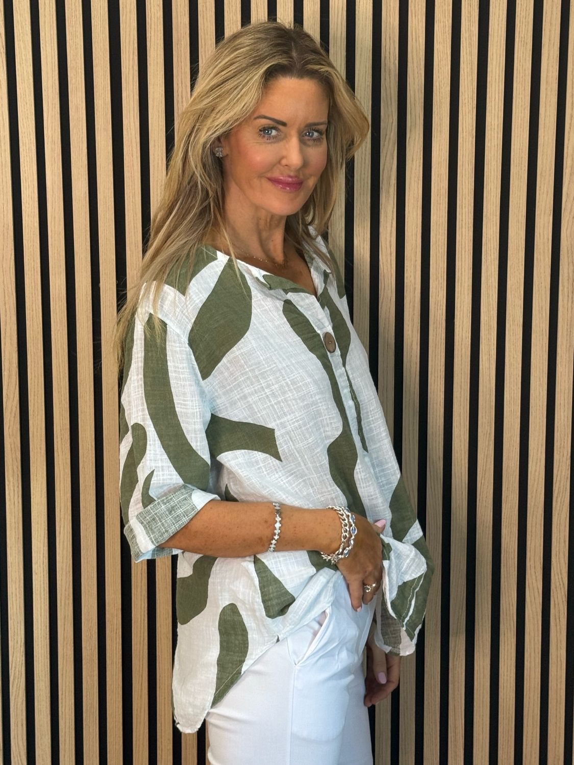 Abstract Button Detail Cotton Top - Khaki