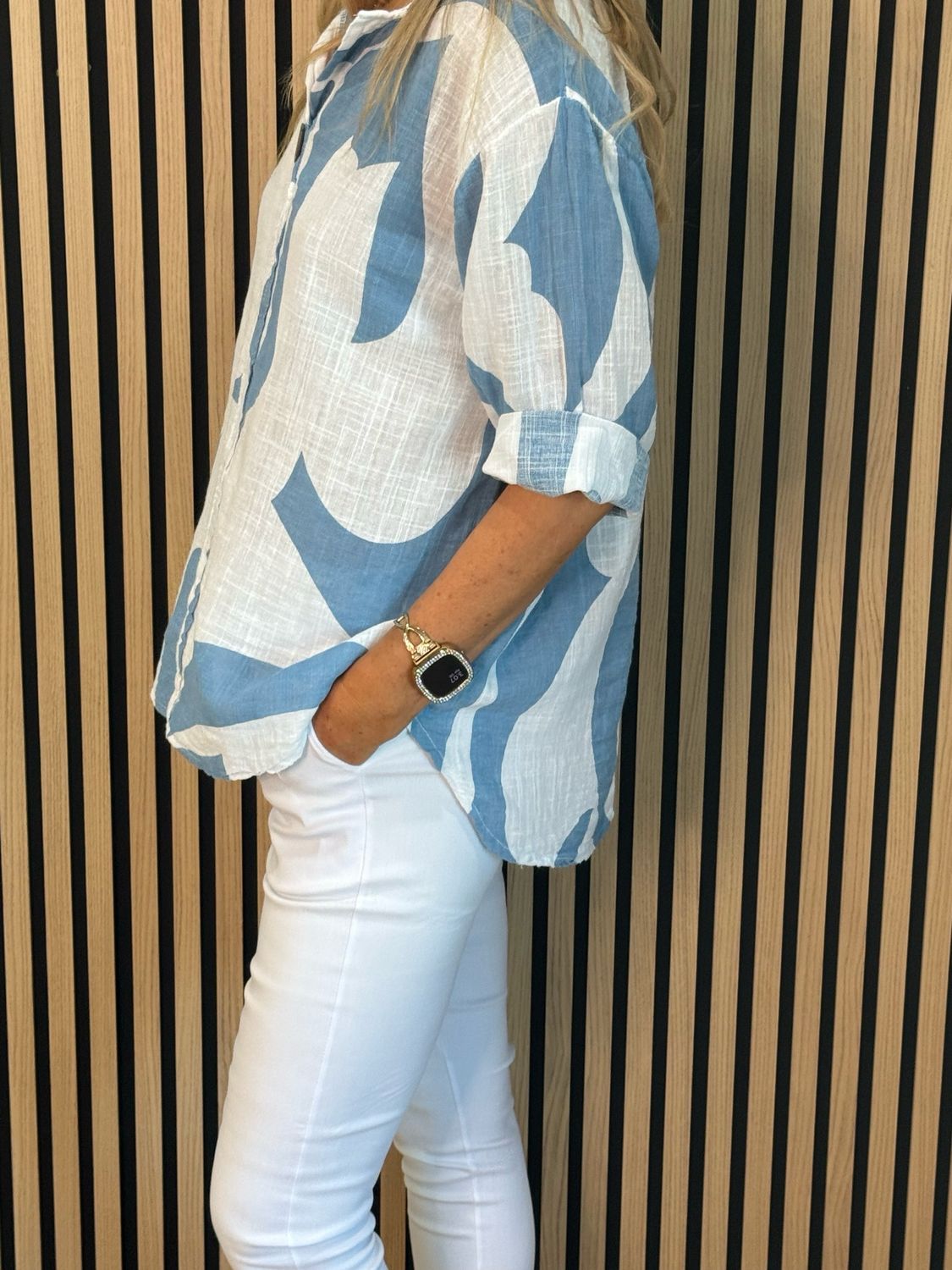 Abstract Button Detail Cotton Top - Light Blue