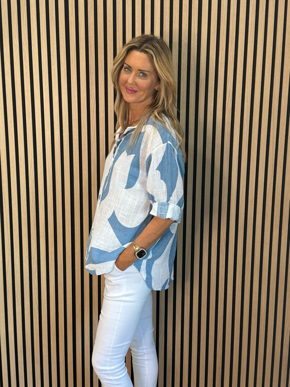 Abstract Button Detail Cotton Top - Light Blue