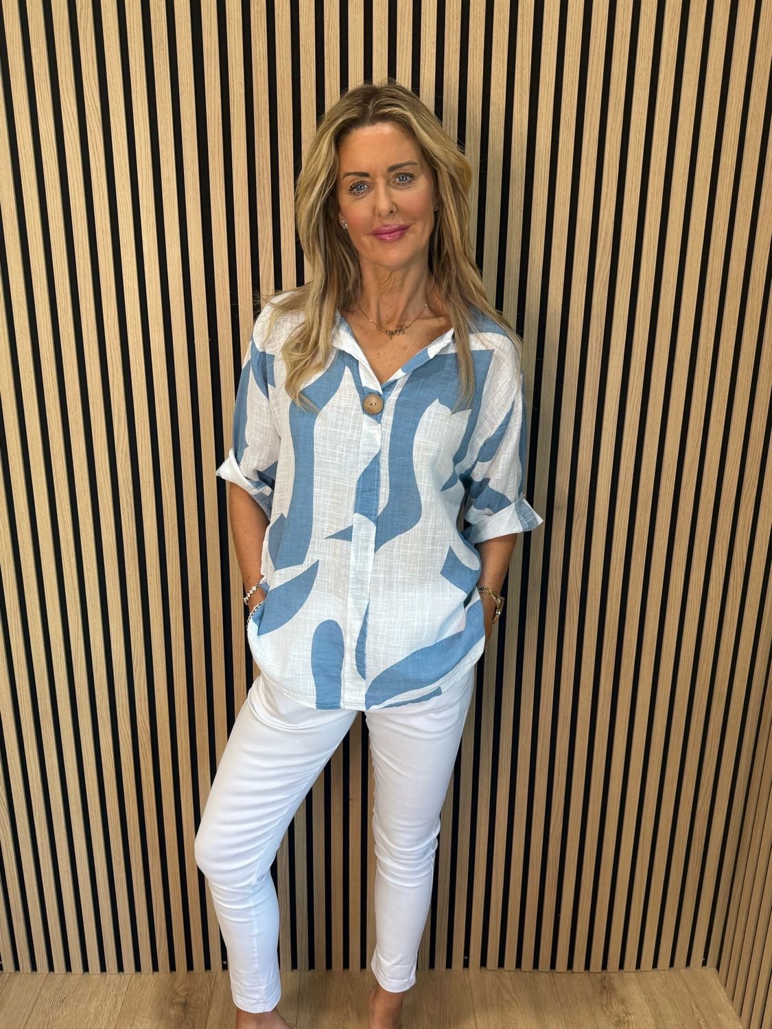 Abstract Button Detail Cotton Top - Light Blue