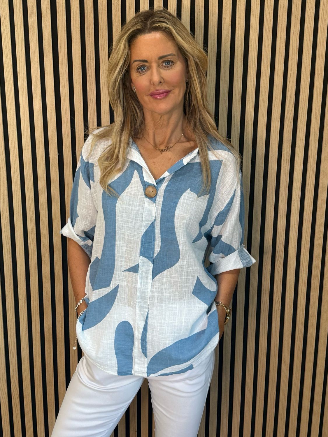 Abstract Button Detail Cotton Top - Light Blue