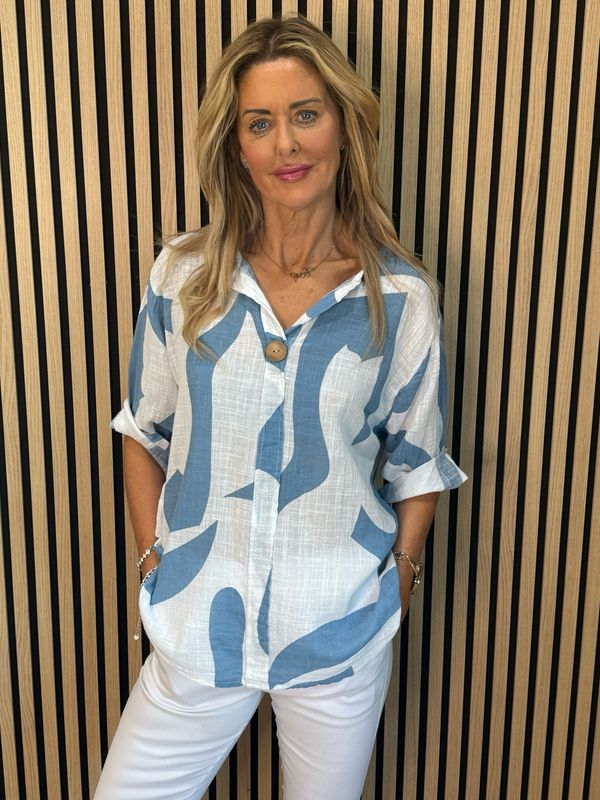 Abstract Button Detail Cotton Top - Light Blue