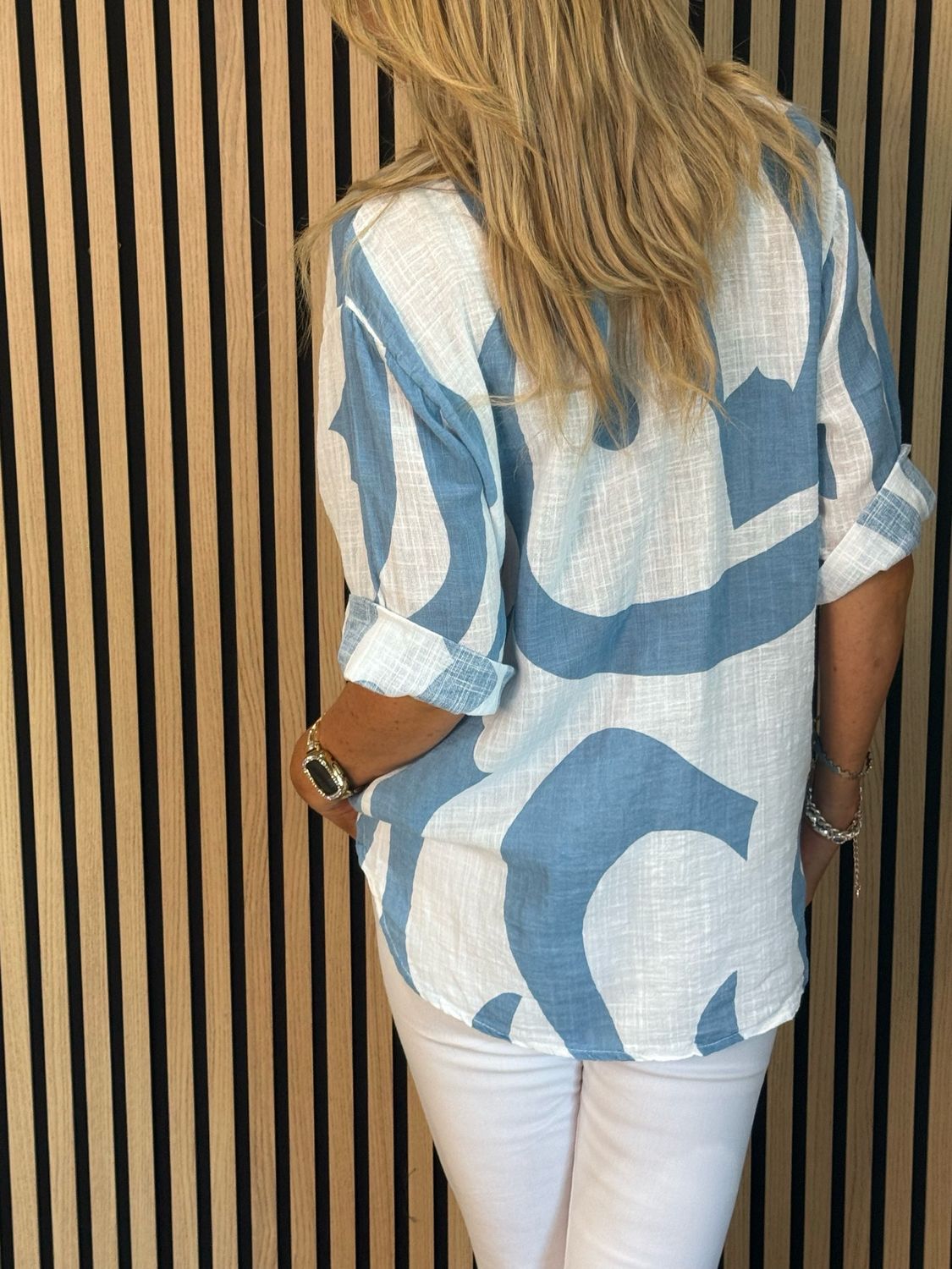 Abstract Button Detail Cotton Top - Light Blue