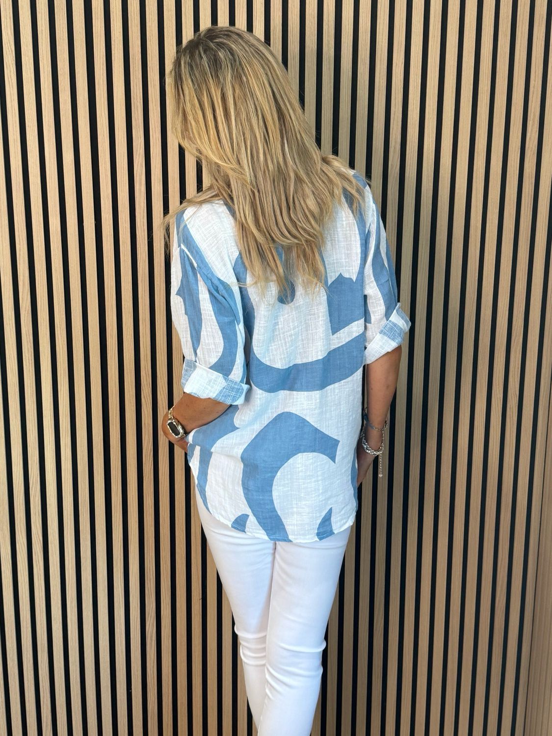 Abstract Button Detail Cotton Top - Light Blue