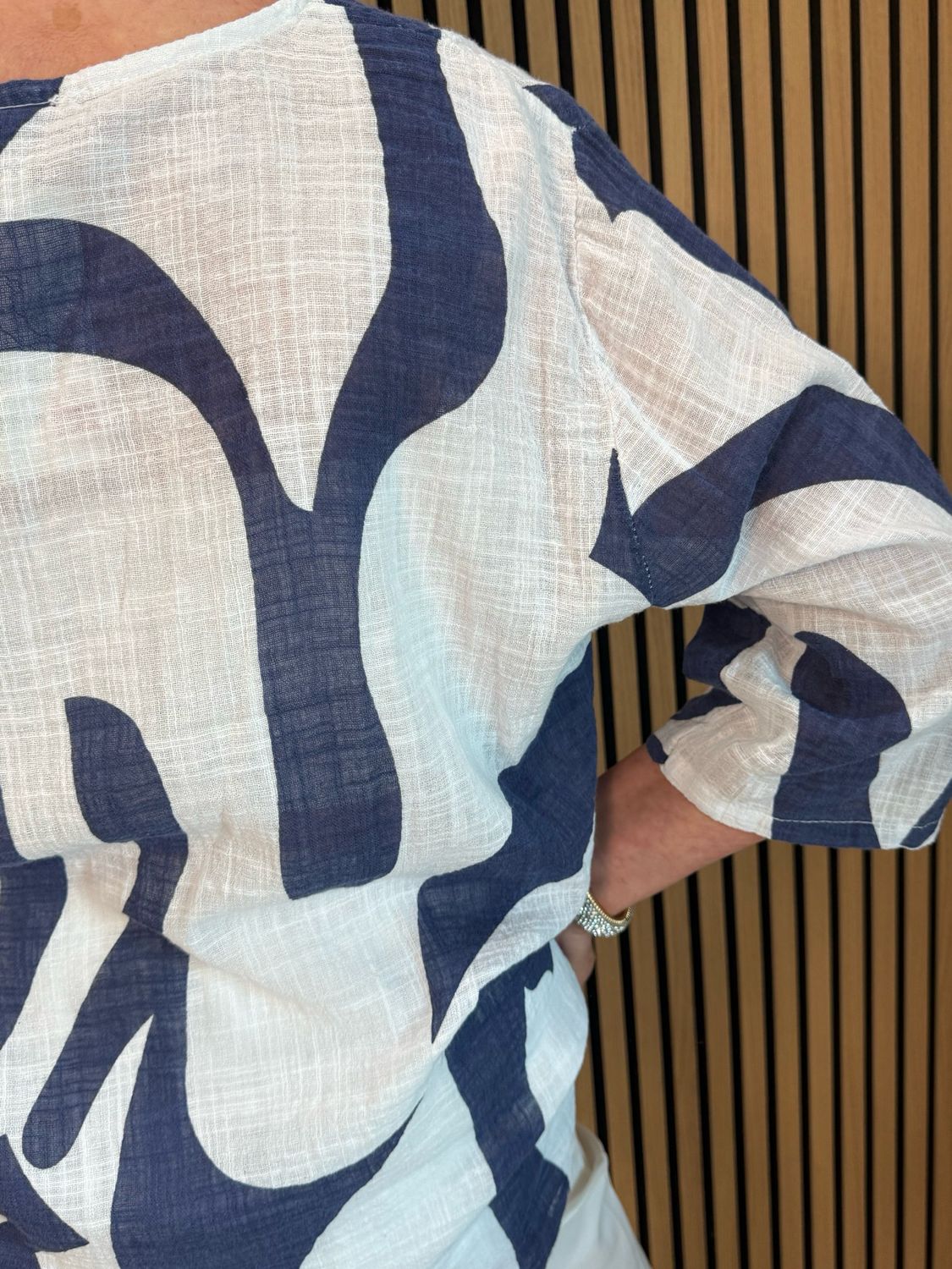 Abstract Button Detail Cotton Top - Navy