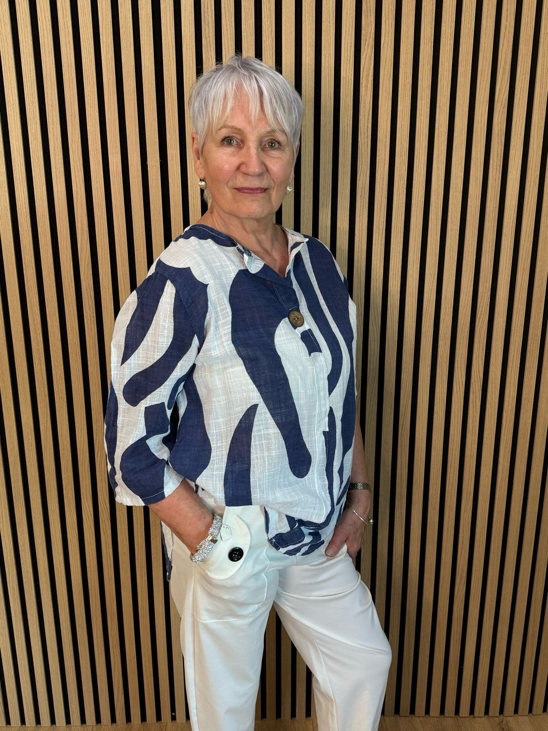 Abstract Button Detail Cotton Top - Navy