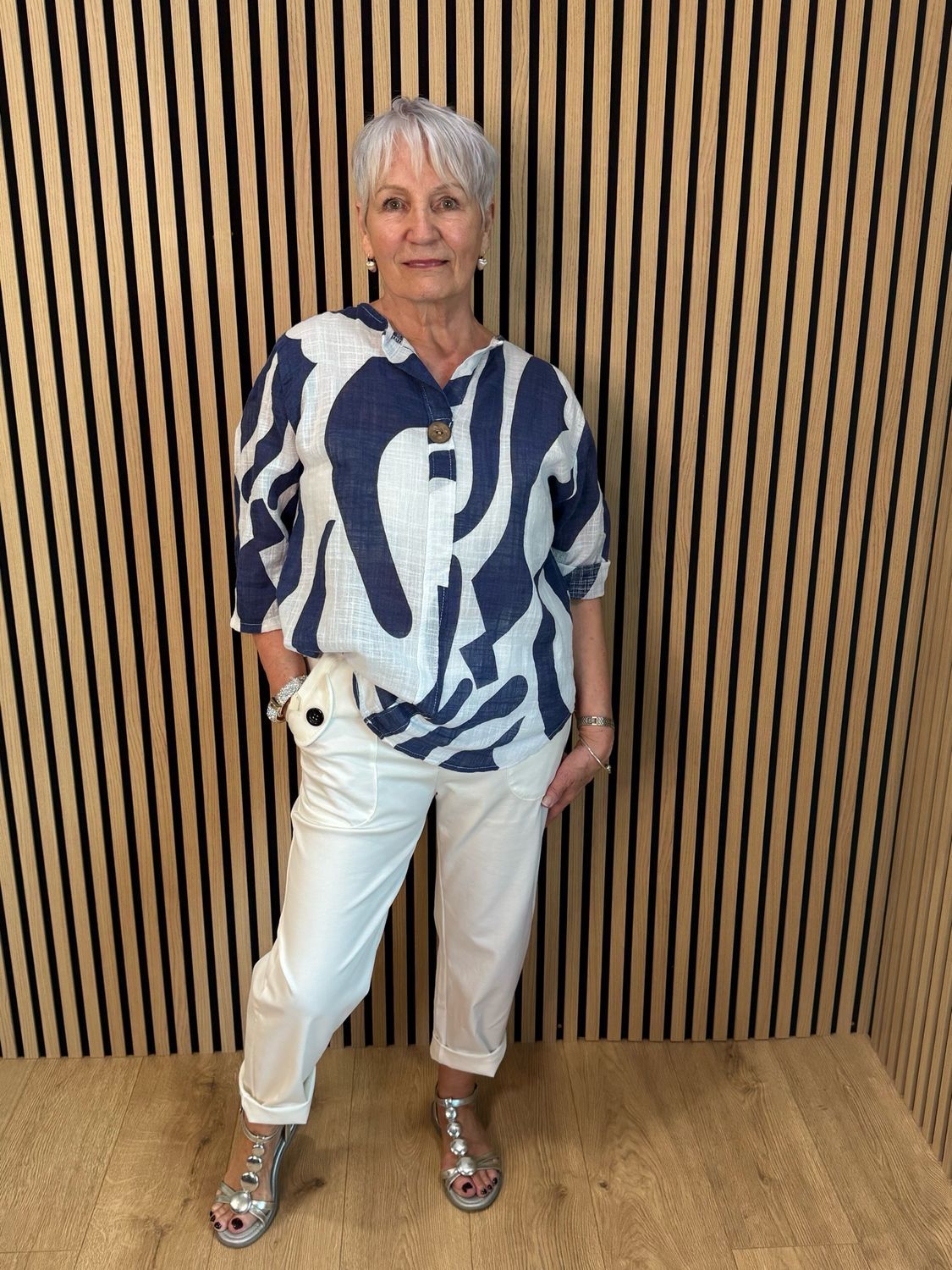 Abstract Button Detail Cotton Top - Navy