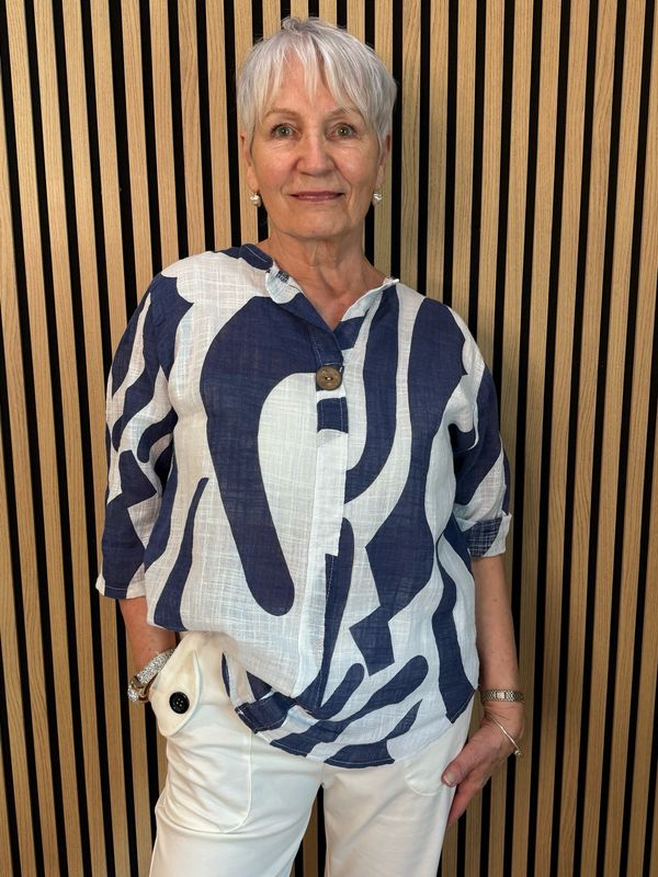 Abstract Button Detail Cotton Top - Navy