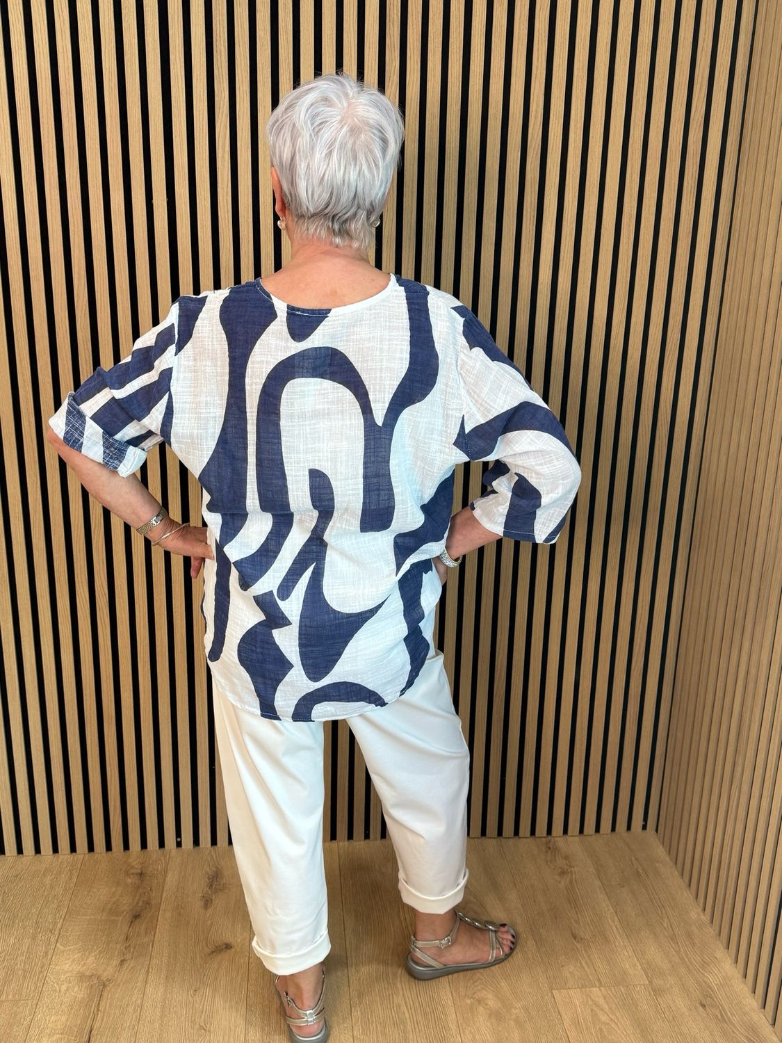 Abstract Button Detail Cotton Top - Navy