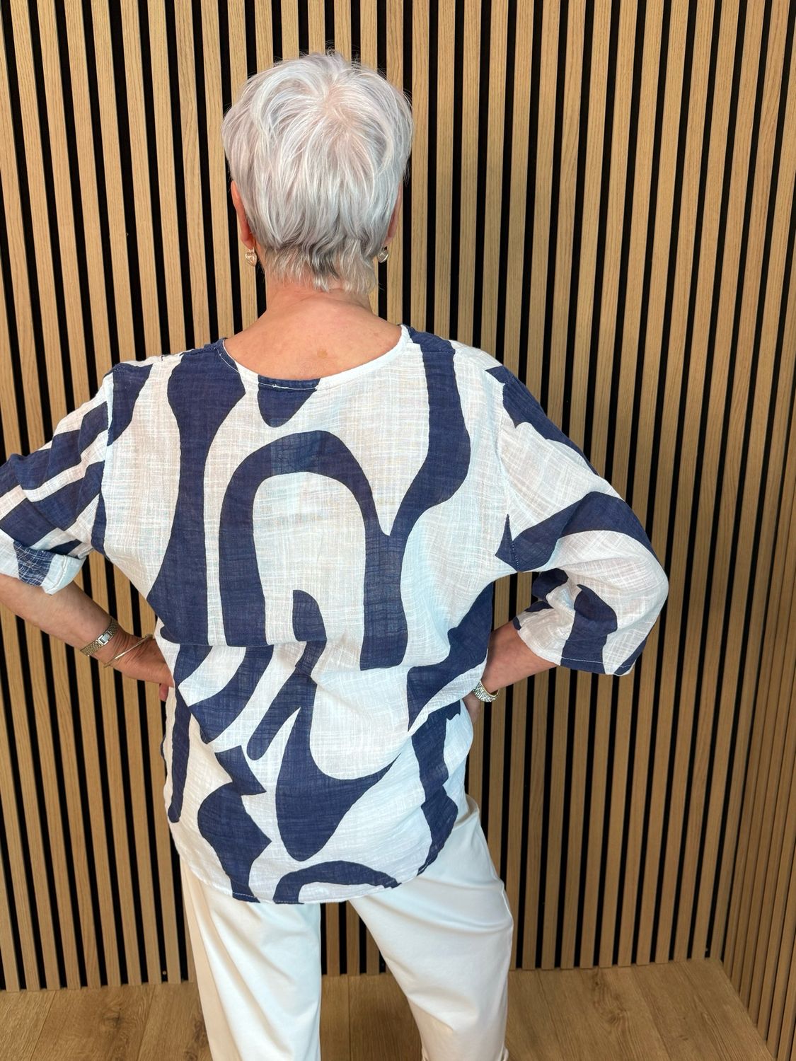 Abstract Button Detail Cotton Top - Navy