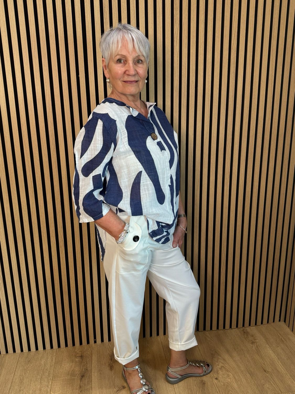 Abstract Button Detail Cotton Top - Navy