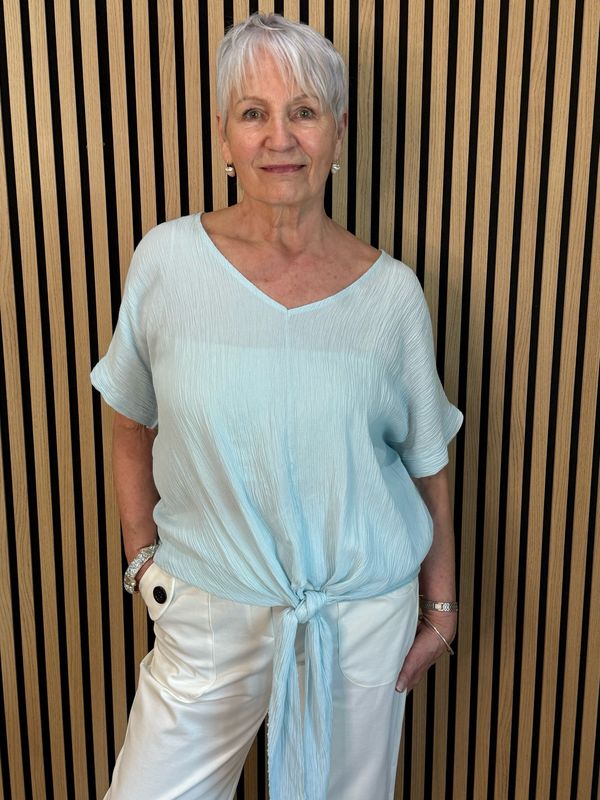 Tie Front Crinkle Top - Aqua