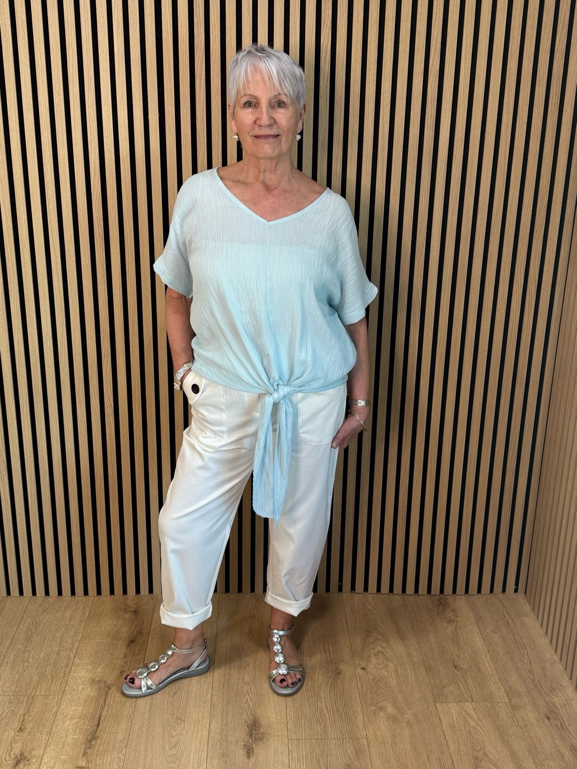 Tie Front Crinkle Top - Aqua