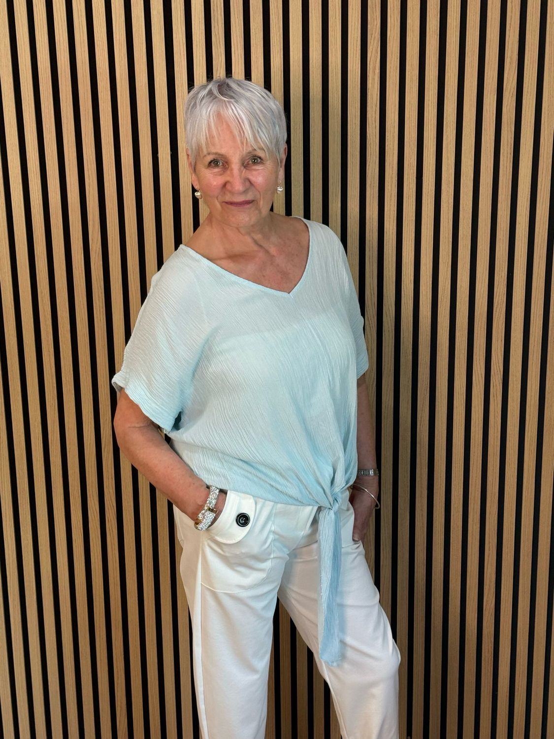 Tie Front Crinkle Top - Aqua