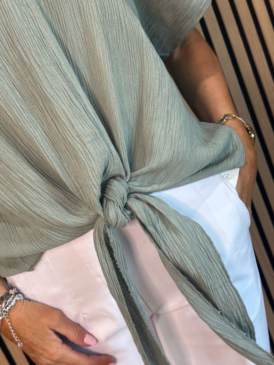 Tie Front Crinkle Top - Khaki