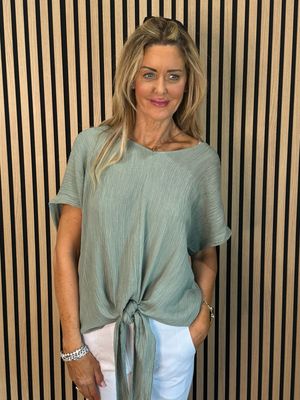 Tie Front Crinkle Top - Khaki