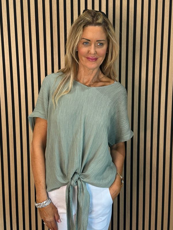 Tie Front Crinkle Top - Khaki