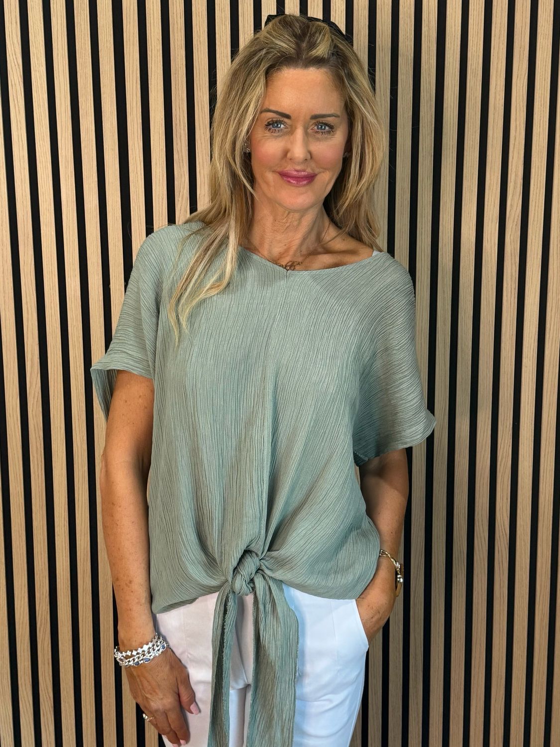 Tie Front Crinkle Top - Khaki