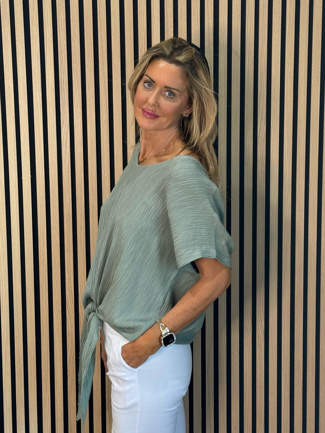 Tie Front Crinkle Top - Khaki