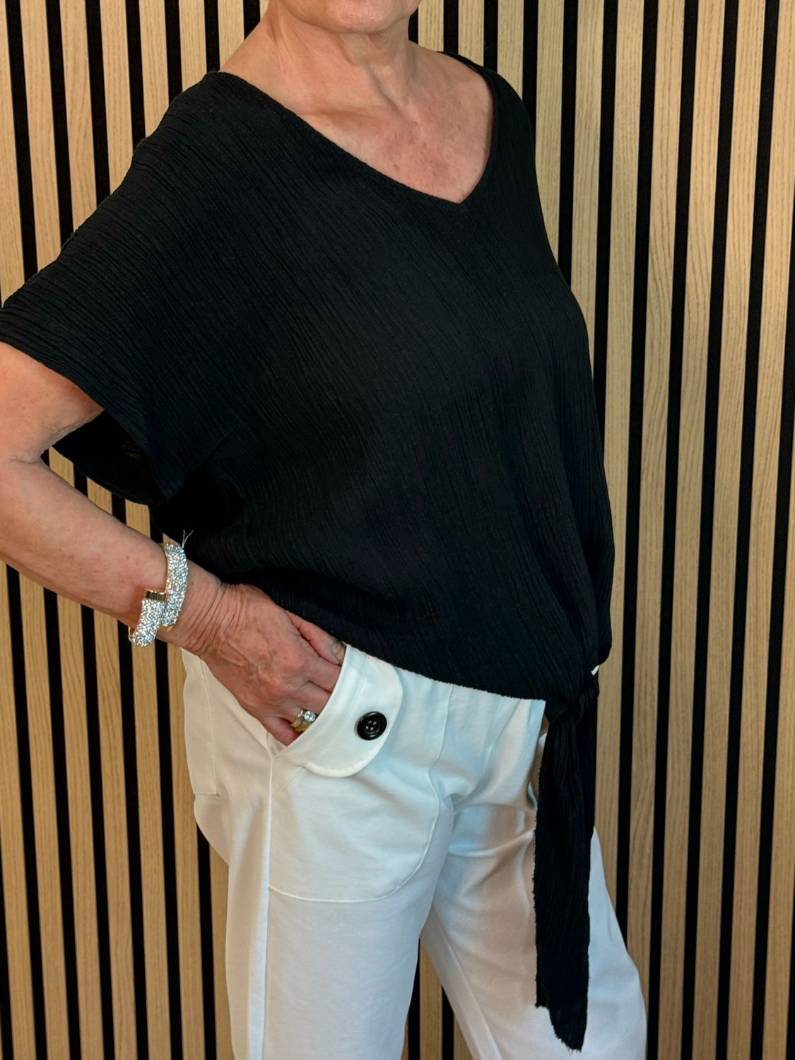 Tie Front Crinkle Top - Black