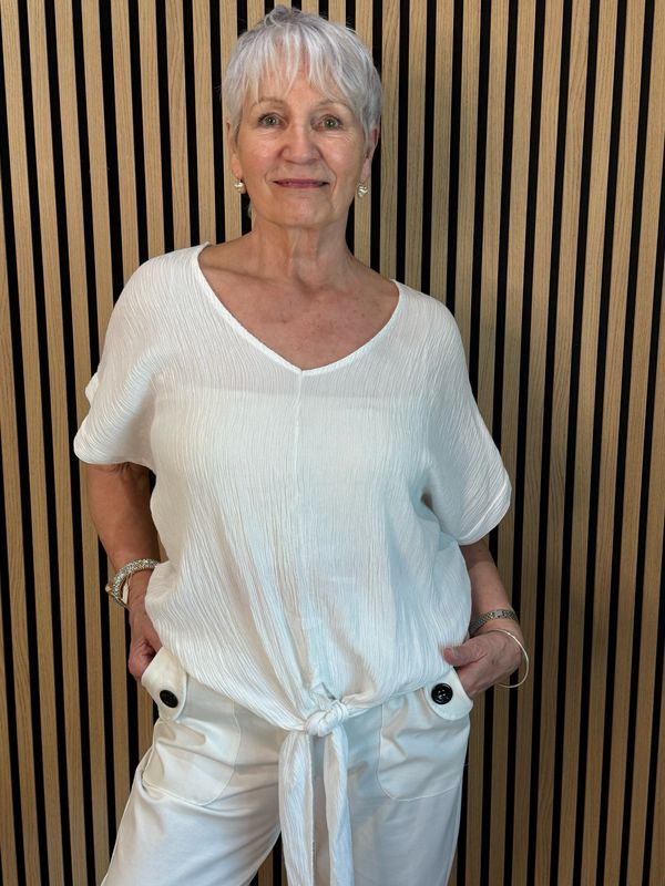 Tie Front Crinkle Top - White