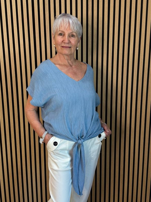 Tie Front Crinkle Top - Denim Blue