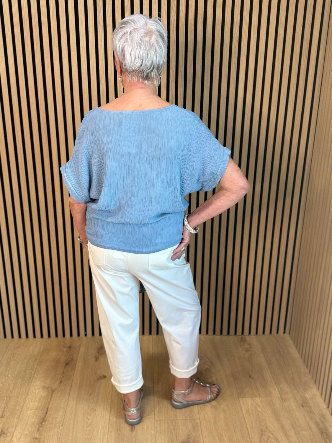 Tie Front Crinkle Top - Denim Blue