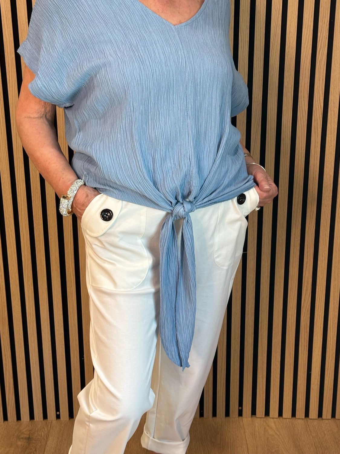 Tie Front Crinkle Top - Denim Blue