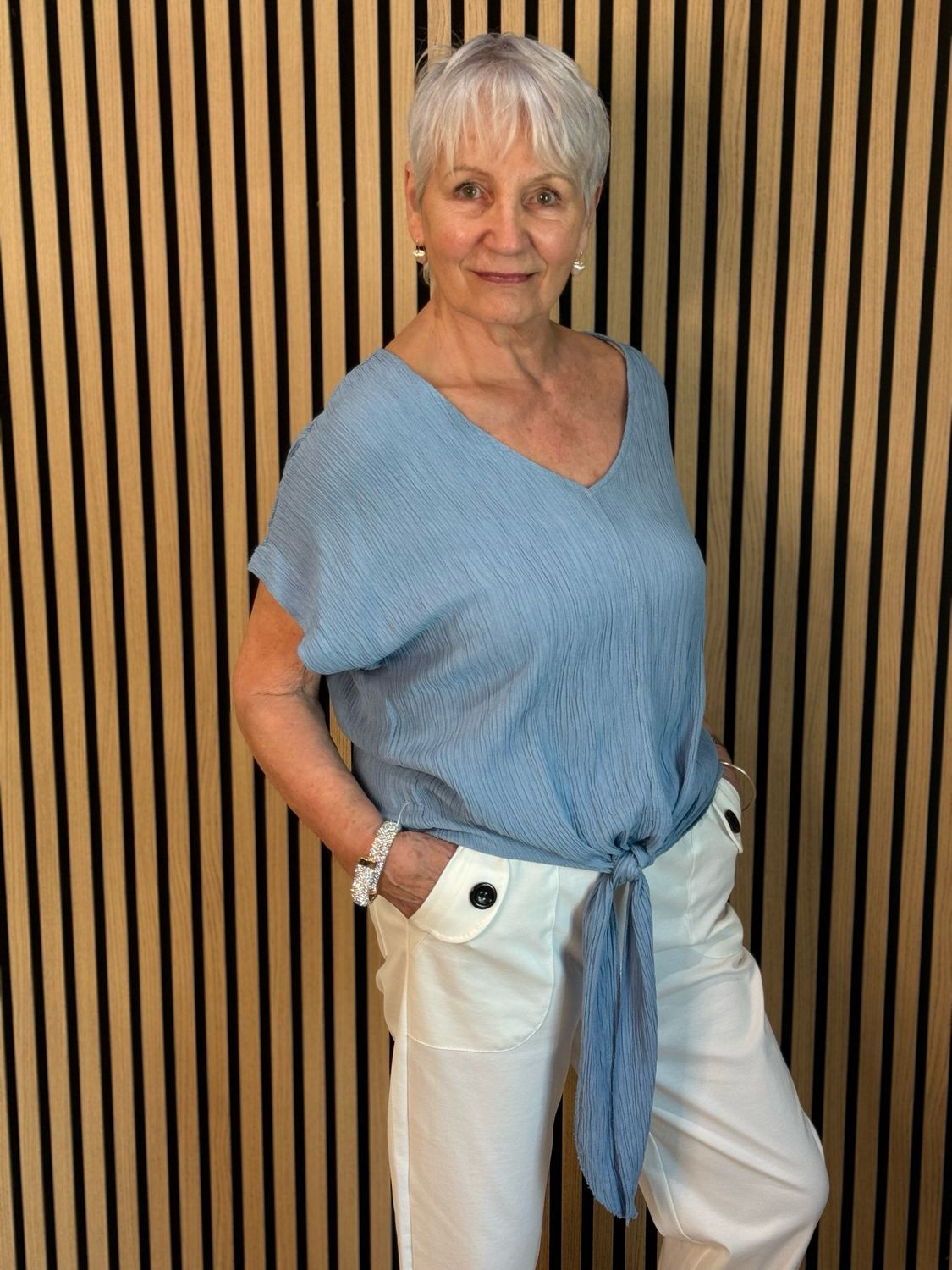 Tie Front Crinkle Top - Denim Blue