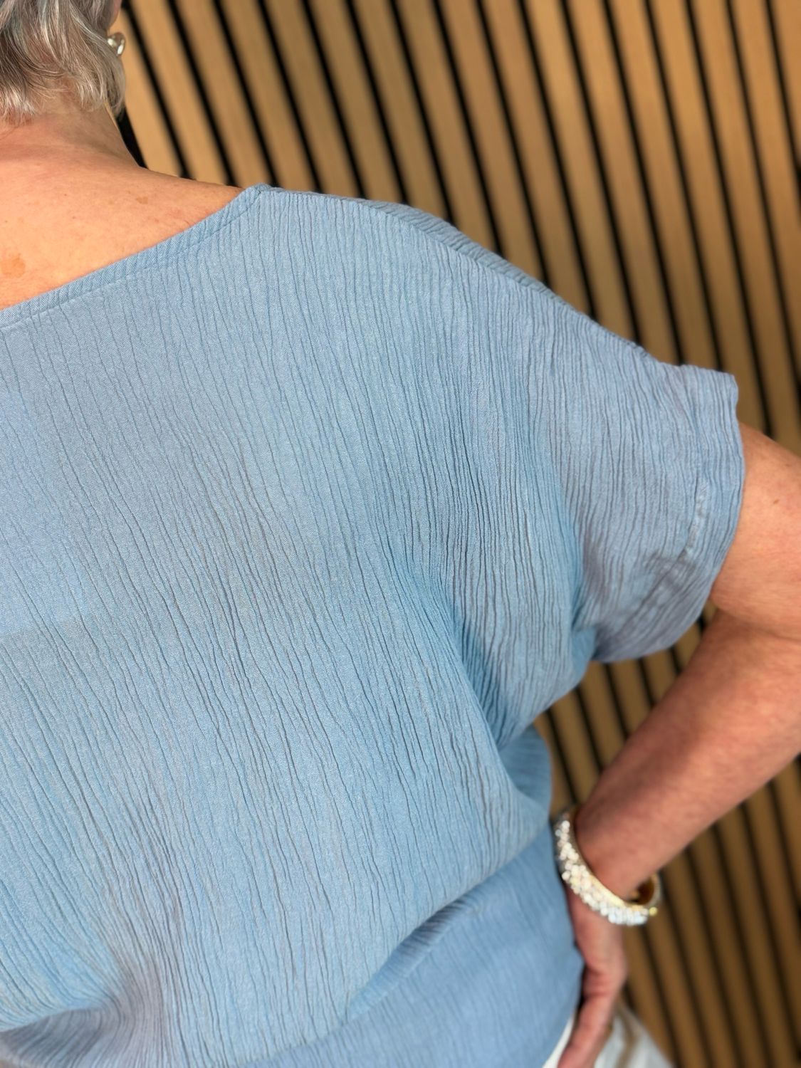 Tie Front Crinkle Top - Denim Blue