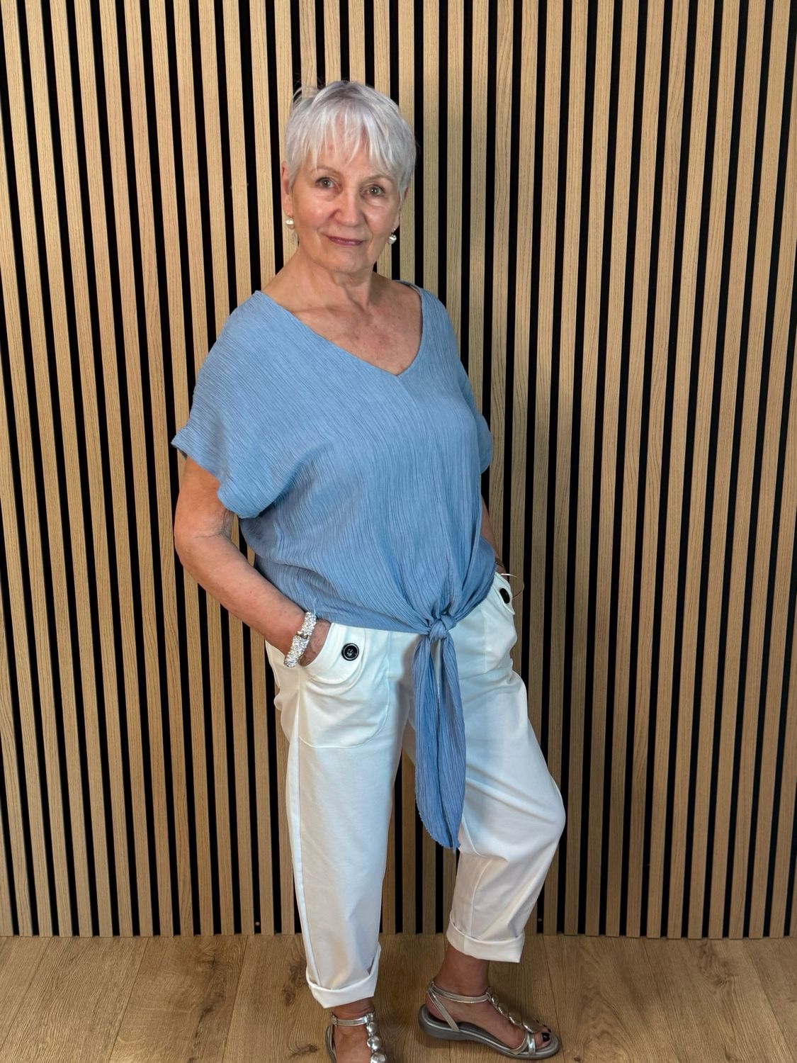 Tie Front Crinkle Top - Denim Blue