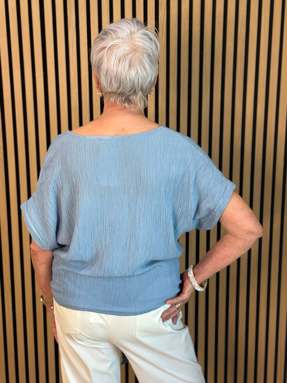 Tie Front Crinkle Top - Denim Blue