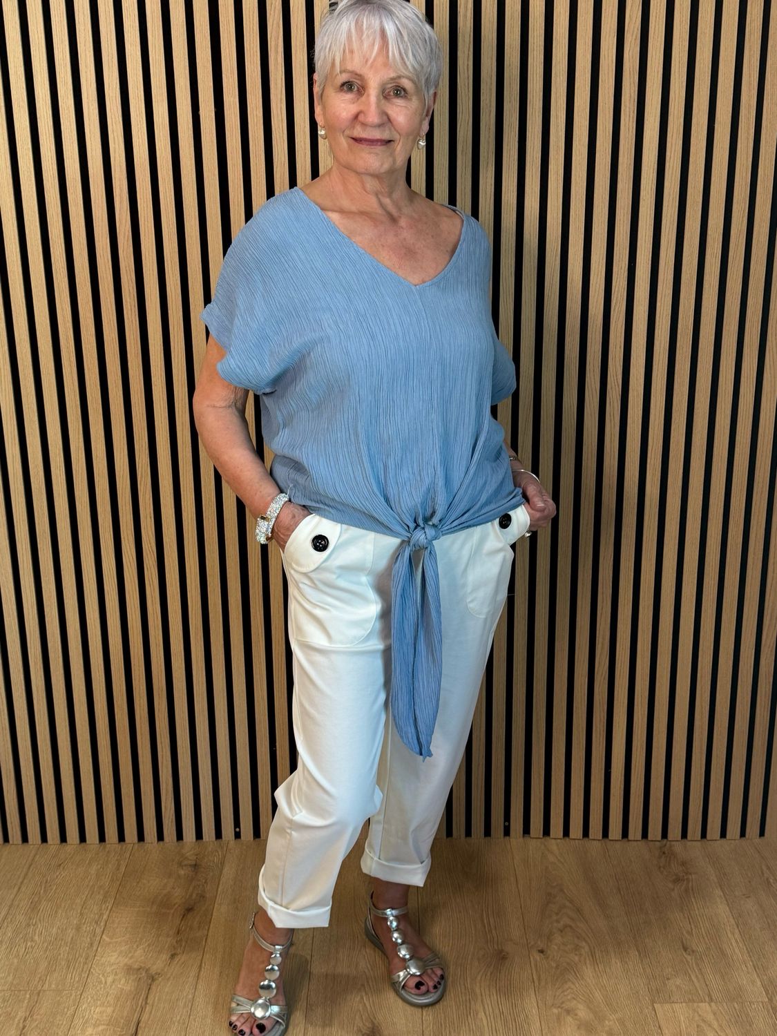 Tie Front Crinkle Top - Denim Blue