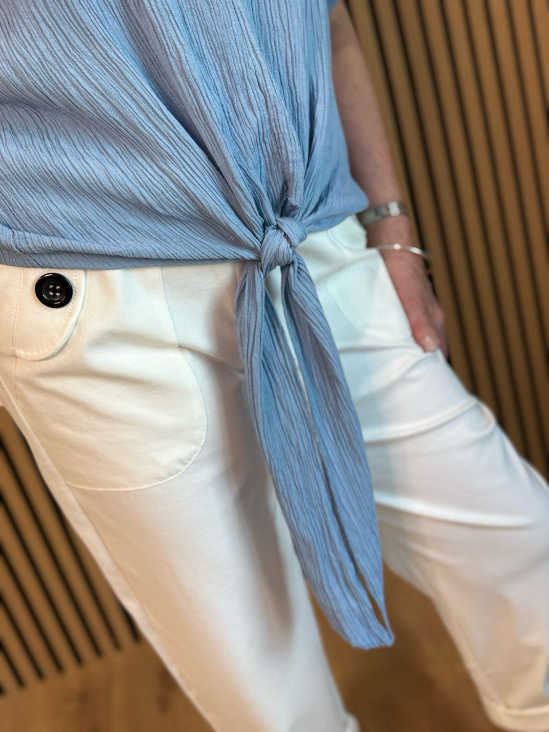 Tie Front Crinkle Top - Denim Blue