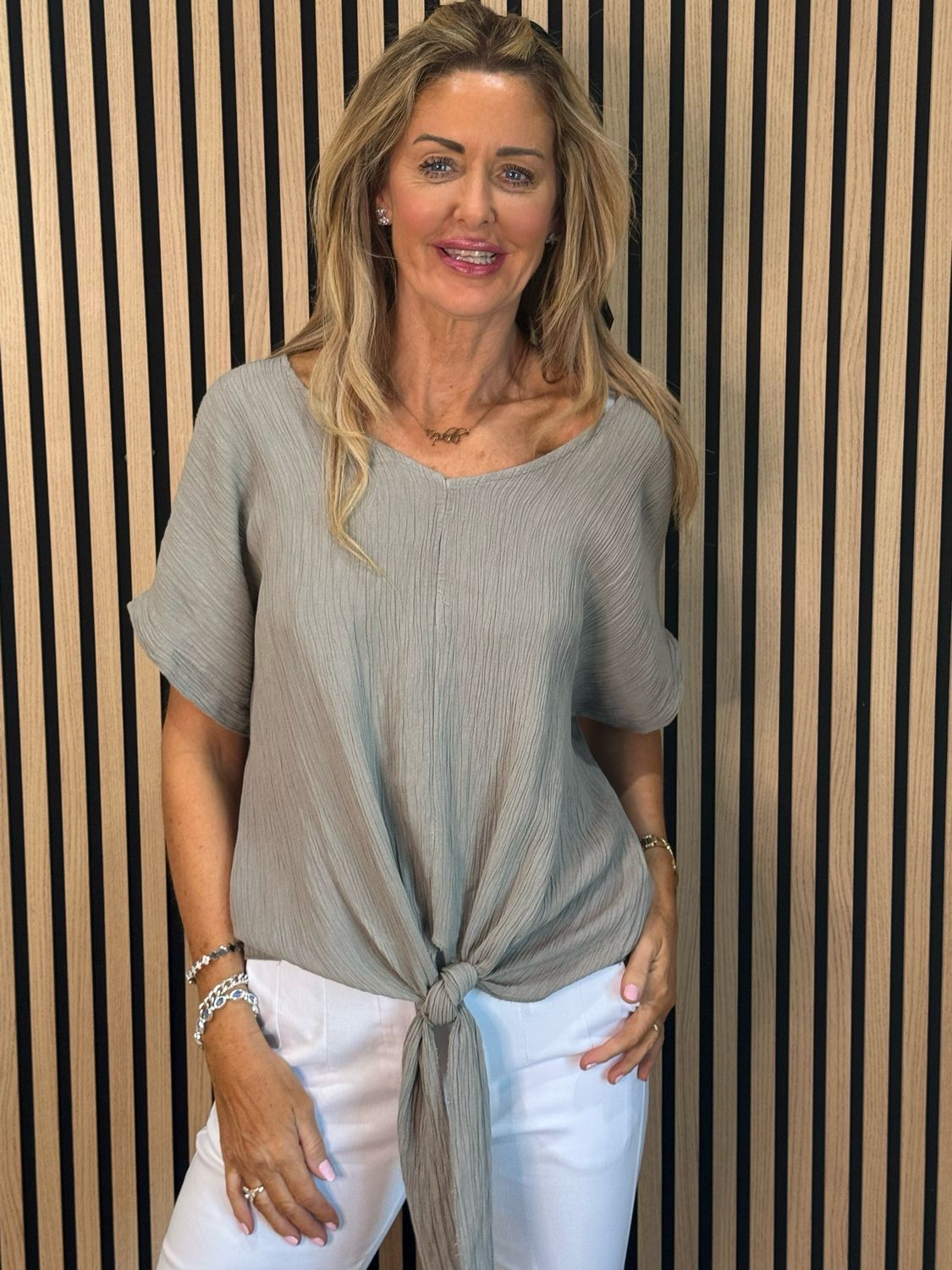 Tie Front Crinkle Top - Taupe