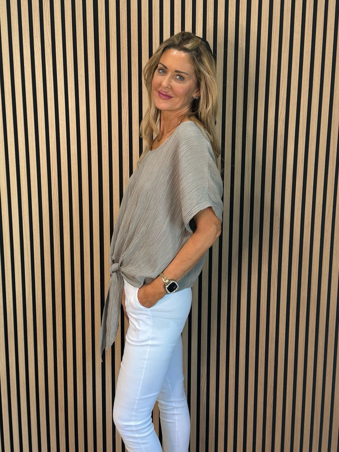 Tie Front Crinkle Top - Taupe